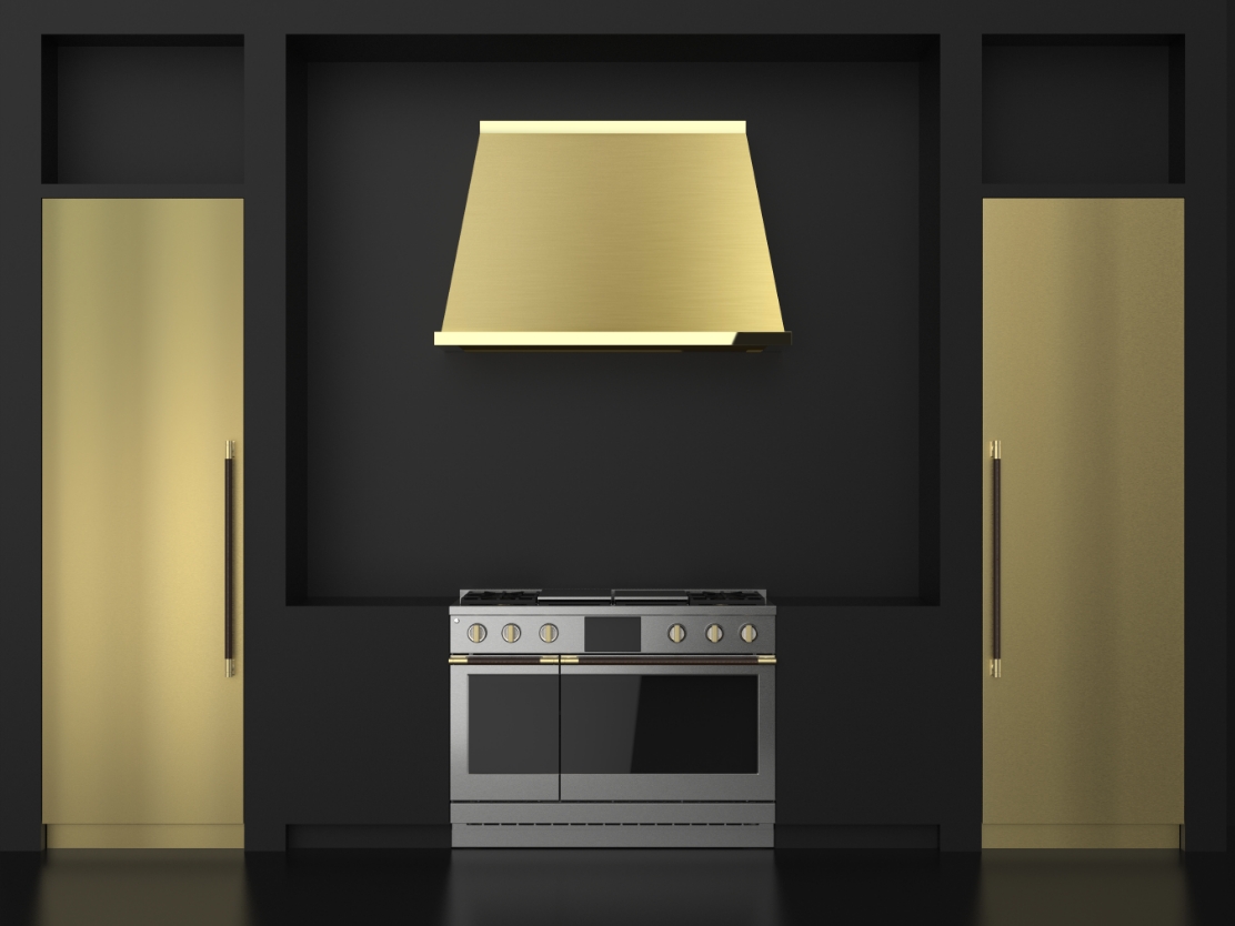 Brass Collection featuring refrigerator panels, range hood, and leather-wrapped handles on 48in. Monogram Professional Range