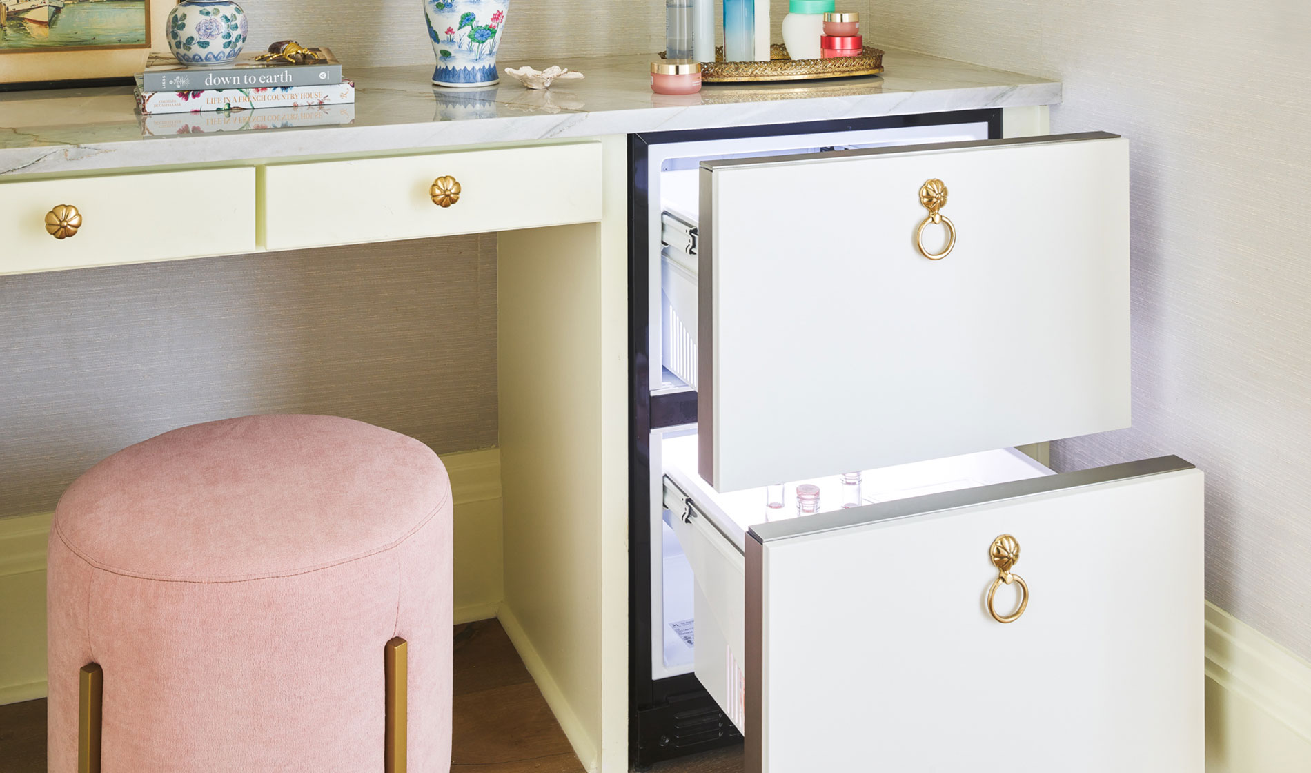 Dressing vanity with Monogram Refrigerator Drawer open and lighted